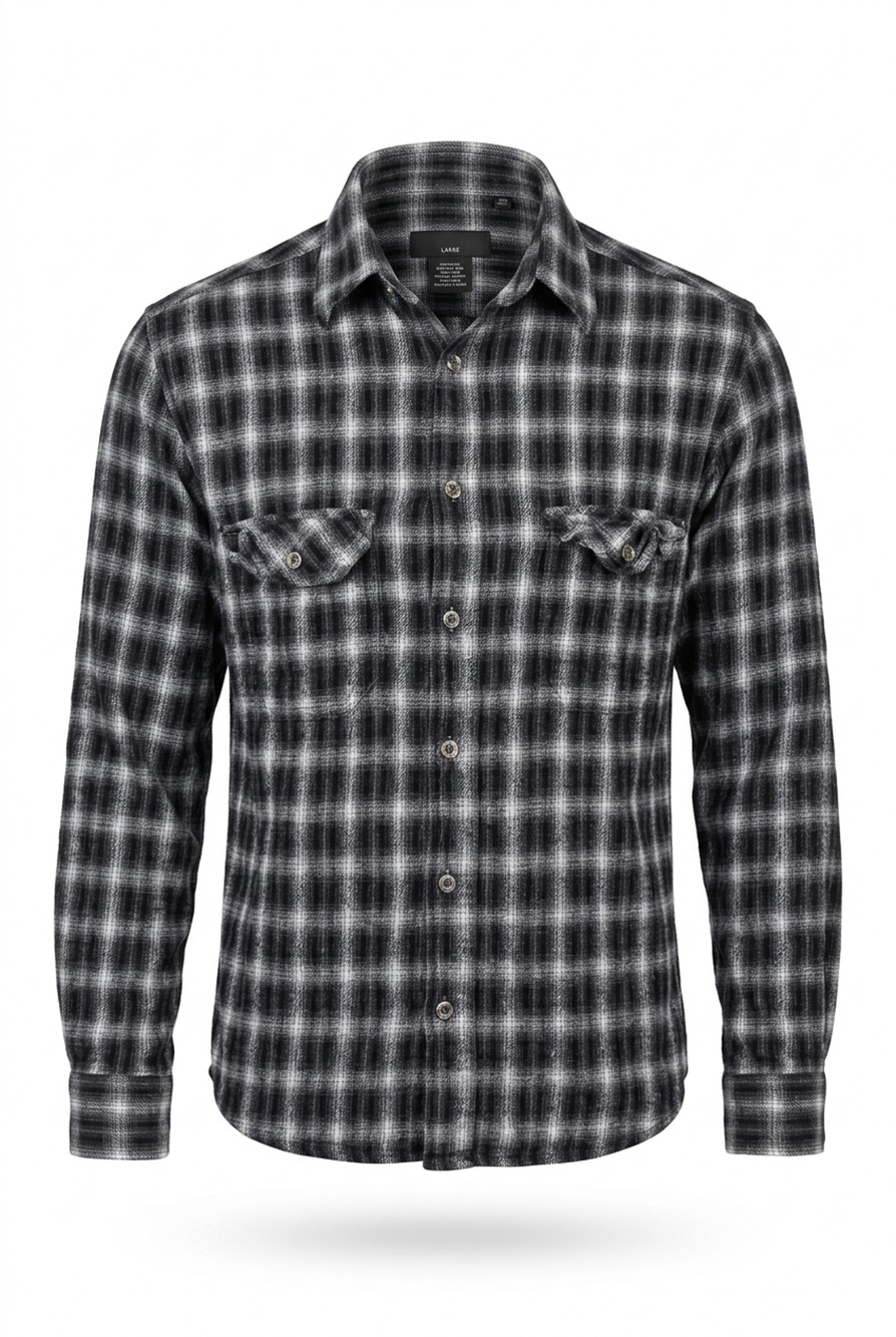 Field and Stream Flannel Shirt Mens Large Black Gray White Ombre Plaid Button Up
